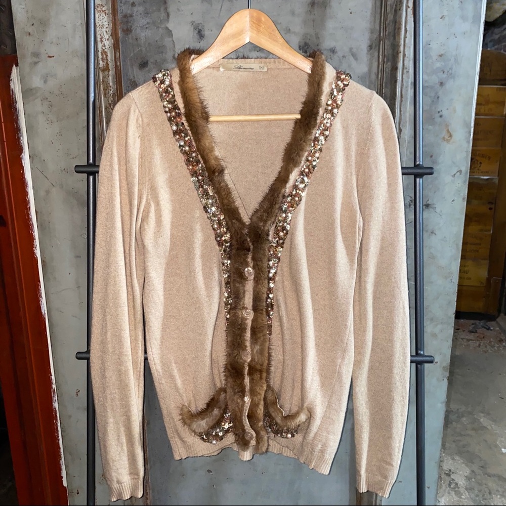Blumarine Beige Mink Fur Lined Cashmere Cardigan & Top Set